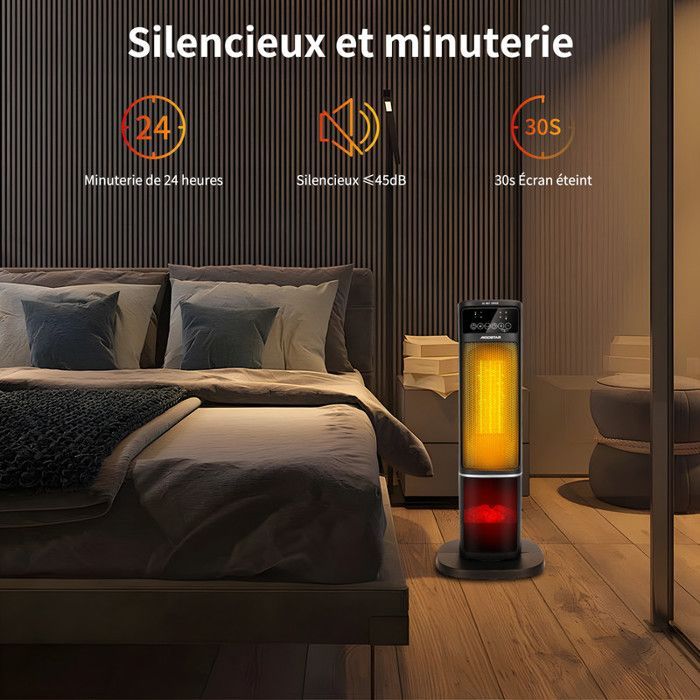 Chauffage d'appoint, 2000W, Céramique PTC, Minuterie 12h,Ultra Silencieux, Affichage LED, 5 Mode,ECO,Télécommande, Oscillation à 60°