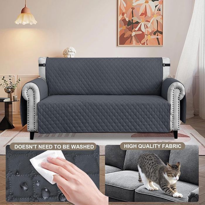 Housses de Canapé 3 Places 170cm Impermeable avec Accoudoirs,Réversible Protégé Canapes,Antidérapante,Avec Poches,Gris