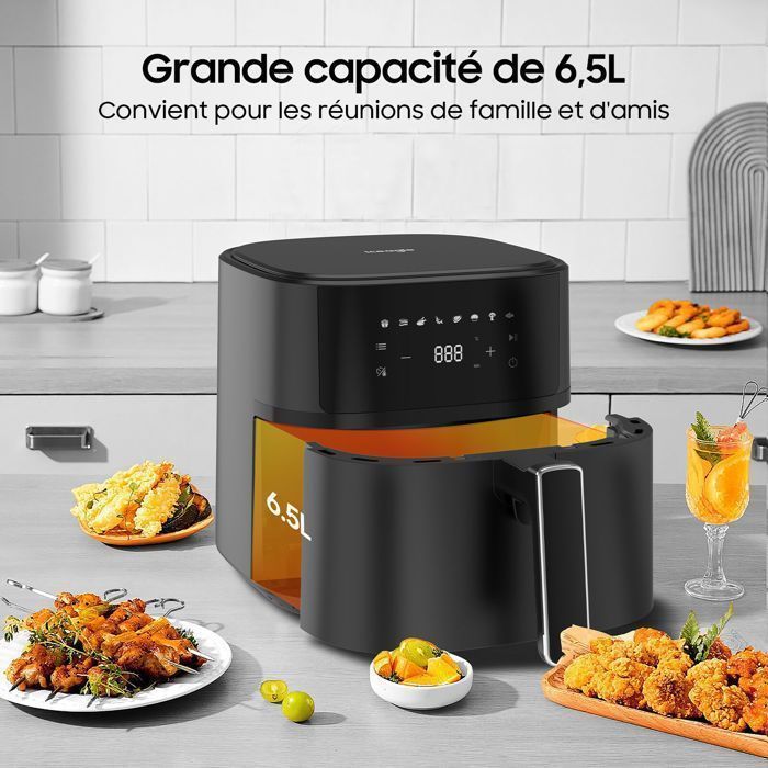 Friteuse sans Huile 1700W avec 8 Programmes-6.5L-625A, Ecran tactile, Recettes, Minuterie, Noire