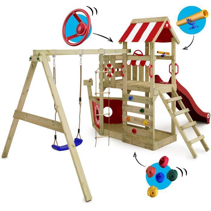 WICKEY SeaFlyer Spielbereich aus Holz im Bootsstil mit 220 cm langer roter Rutsche, Schaukel und Sandkasten – 10 Jahre Garantie*