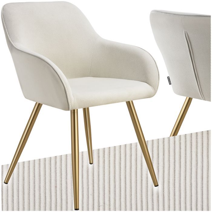 Chaise - TECTAKE - Fauteuil de salle à manger MARYLIN en velours côtelé avec pieds en acier noir - Crème/Doré