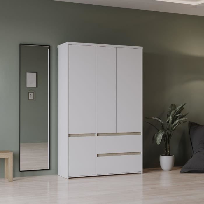 Armoire de chambre - CLYDE -  Décor Blanc et chêne - 4 portes battantes - L138,2 x P50 x H220,5 cm - DEMEYERE