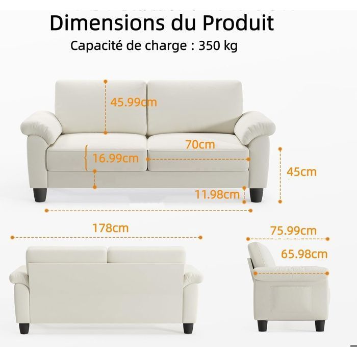 Sofá de 3 plazas de terciopelo beige para salón, sofá moderno escandinavo con 2 cojines, bolsa de almacenamiento, 178x76x87cm