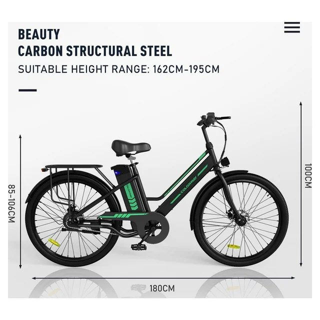 COLORWAY 26 elektrische fiets voor dames, krachtige 500W motor, verwijderbare 36V 12AH accu, maximale snelheid 32 km/u.