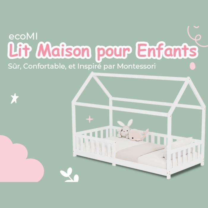 Lit Cabane Enfant - ECOMI - 90x200 cm - Blanc - Barrière de Sécurité - Sommier Inclus
