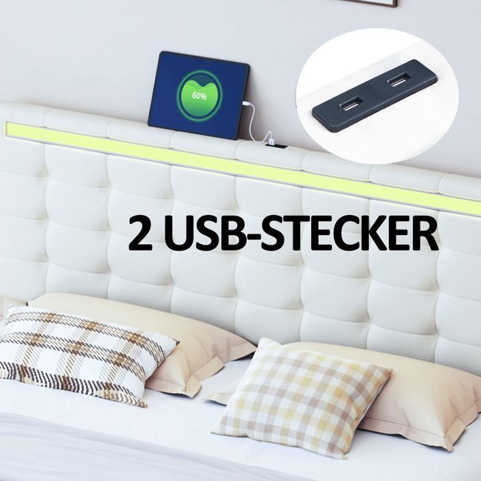 Cama doble tapizada de 160 x 200 cm - LUMINARIX - LED - USB/Tipo C - Estructura flotante - Somier de láminas - Beige - Lino