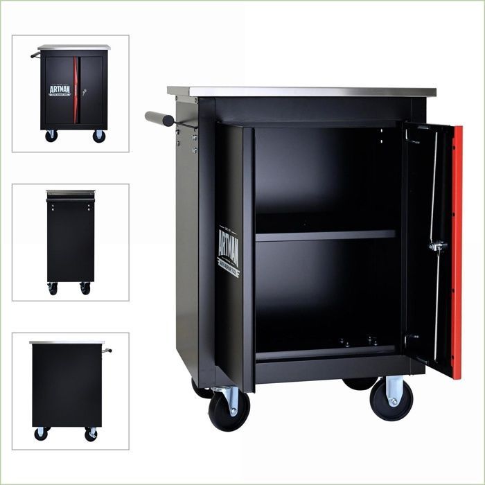 Armário para ferramentas - Carrinho multifuncional com porta dupla e avental - Preto e vermelho