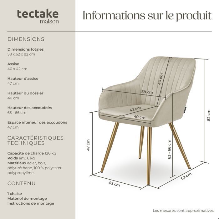 Chaise - TECTAKE - Fauteuil de salle à manger MARYLIN aspect velours et matelassé avec pieds en acier doré - Crème/Or