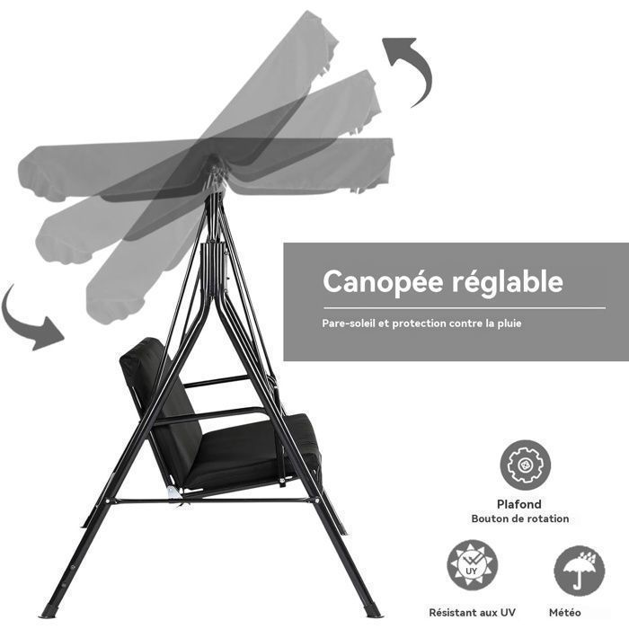 YODOLLA Balancelle de Jardin 3 Places - Auvent Réglable Imperméabilisant, Coussin Amovible,pour Jardin Terrasse,172x112x150 cm,Noir