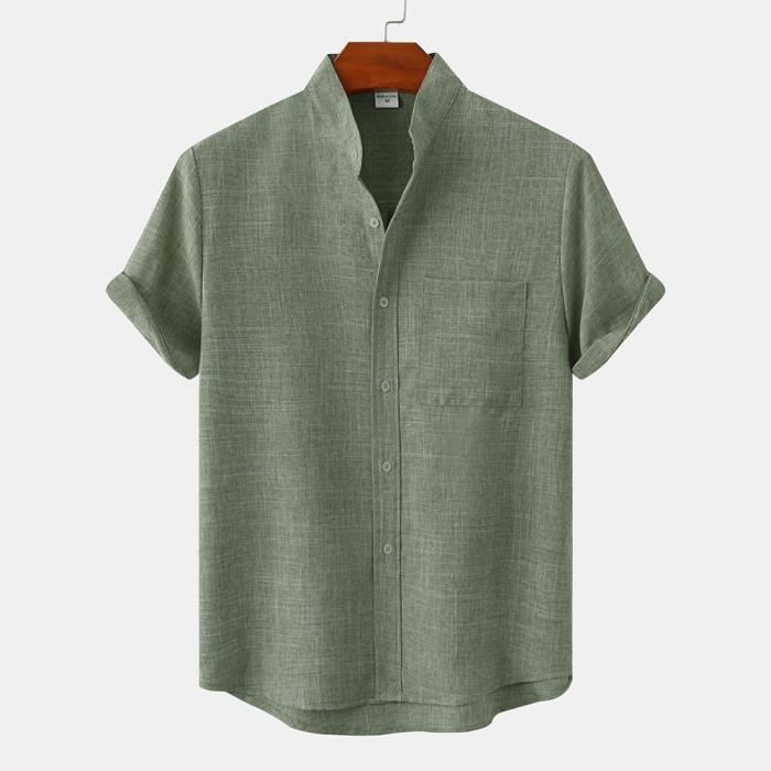 Camisa de verano para hombre de algodón y lino, transpirable, manga corta, corte regular - Verde claro - INSFITY