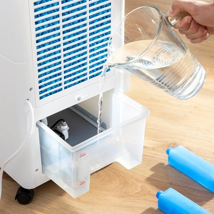 MODEZVOUS - Aire acondicionado evaporativo portátil, purificador de aire, ionizador sin aspas con luz LED de 90 W - Blanco