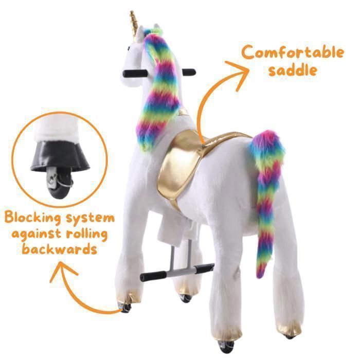 VROOOMY Wheeled Riding Unicorn - Large - Rainbow - Ages 5 to 9 - Mechanical Galloping Movement - Height 65cm - 45kg
