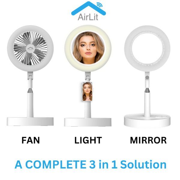 Přenosné kosmetické zrcátko 3 v 1 s chytrým ventilátorem a LED světlem