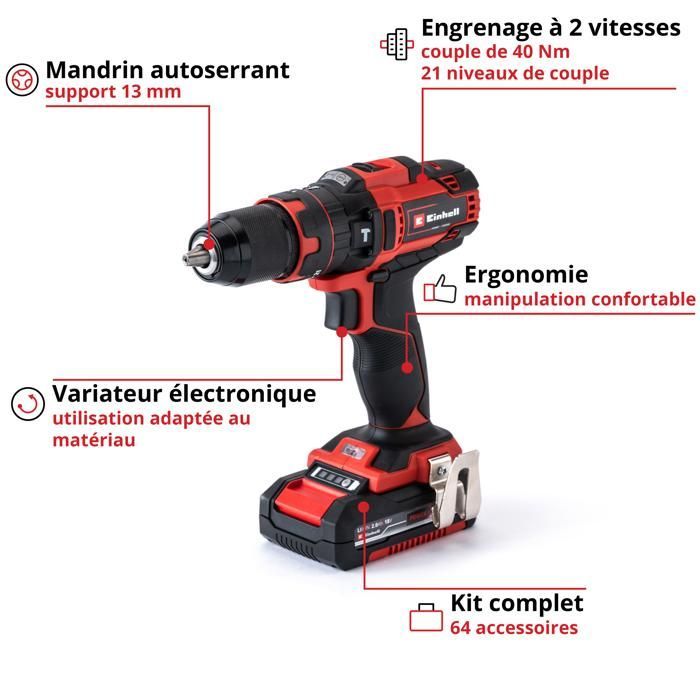 Einhell Perceuse Visseuse à percussion sans fil TE-CD 18/40 Li-i + 64 Accessoires PXC (18V) Livré avec 2 Batteries 2Ah, Chargeur