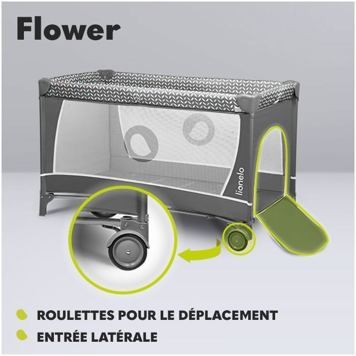 Cuna de viaje compacta 3 en 1 LIONELO Flower - Parque infantil - 0-36 meses - Bolsa de transporte - Plegado rápido - Ruedas - Gris oscuro