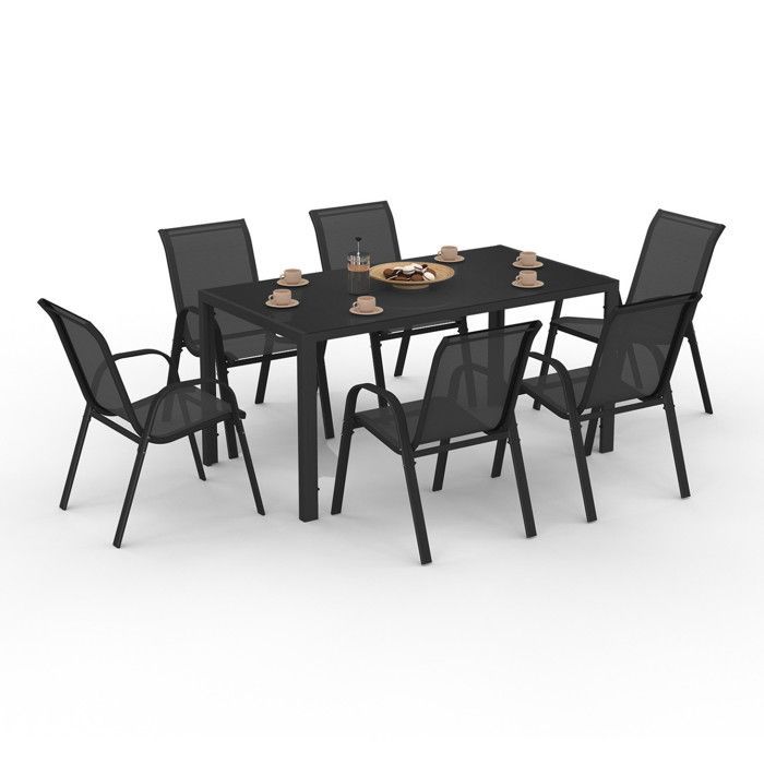 IDMARKET Salon de jardin MADRID table 150 CM et 6 chaises empilables noir