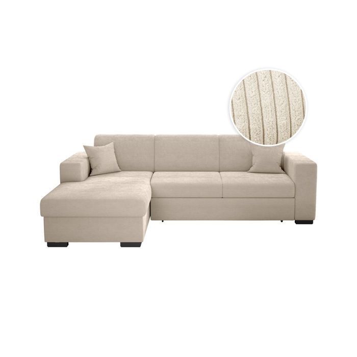 Sofá cama esquinero izquierdo FUJI XL de 4 plazas con almacenamiento, en pana - Beige - 262 x 157 x 83 cm - LOUNGITUDE
