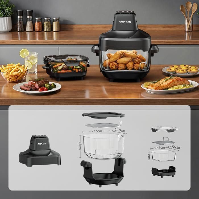 Freidora de aire AIRMSEN de 1500 W con vaso de cristal de 5,7 L (4,5 L + 1,2 L), cocción visible, cocina saludable, 4 programas, patatas fritas, pollo, color negro.