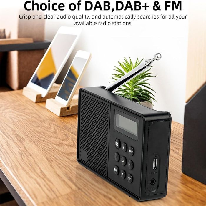 Radio DAB Portable WOVTE DAB+Radio numérique rechargeable FM avec Bluetooth, alimentation secteur ou batterie, 40 préréglages