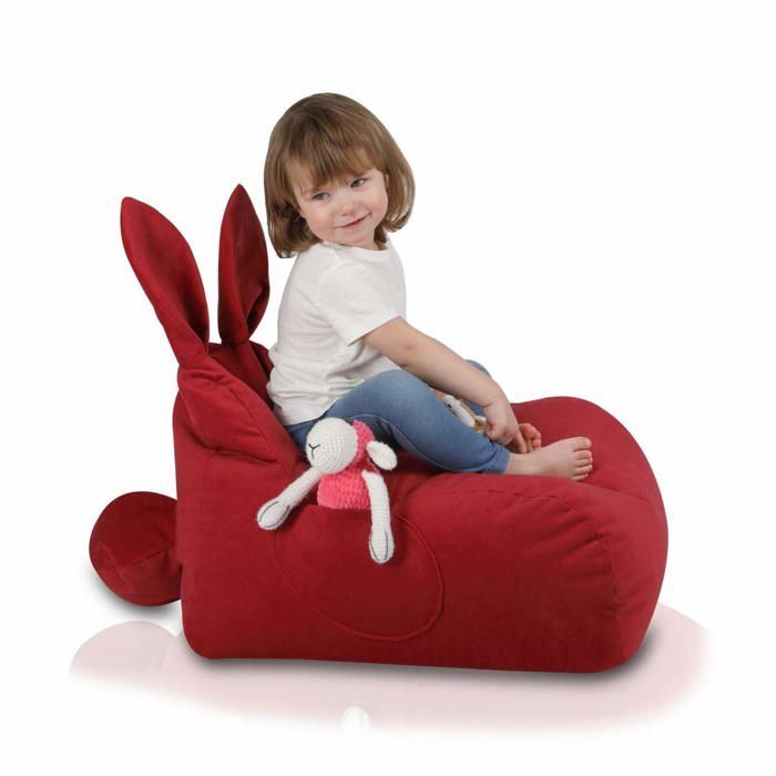 Puf/silla infantil con forma de conejito, diseño de conejo, funda de microfibra suave y extraíble, bolsillo de almacenamiento, asiento cómodo, rojo A12, S