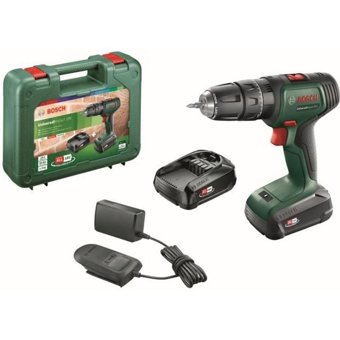 Taladro percutor inalámbrico Bosch UniversalImpact 18 (incluye 2 baterías de 18 V y 1,5 Ah, cargador y maletín de transporte).