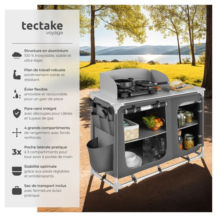 Muebles de camping - TECTAKE - Cocina de camping plegable con bolsa de transporte 116 x 52 x 107 cm - Gris