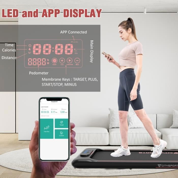 CITYSPORTS WP8 Tapis de Course Electrique, Tapis de marche/440W / Vitesse 1.0- 6.0km/h /APP/Ecran LED/Dimensions 1249*526*116 mm