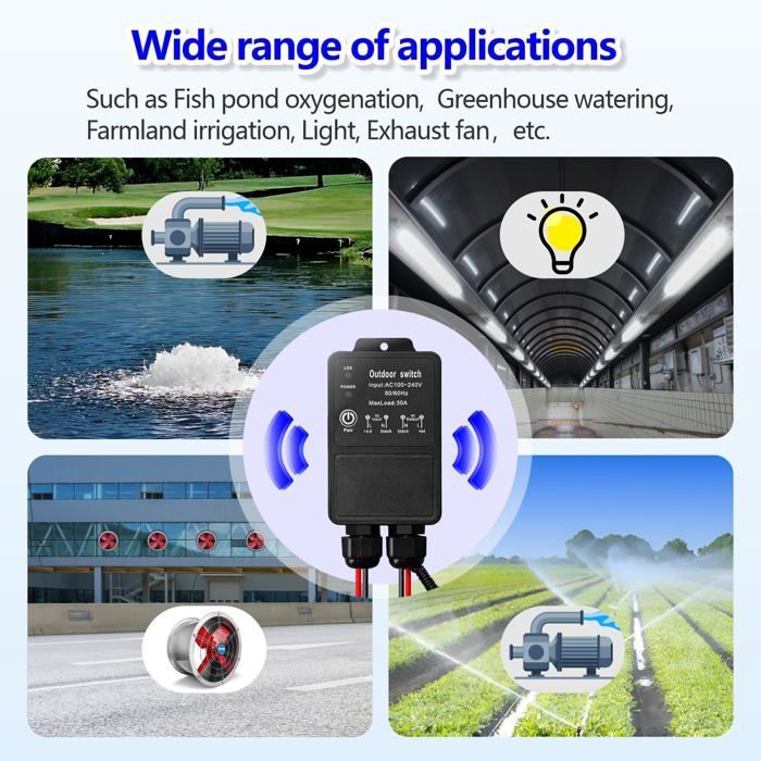 Télécommande sans fil étanche interrupteur radio AC 240V 220V récepteur relais 30A pour emplacement humide zone de cour extérieure