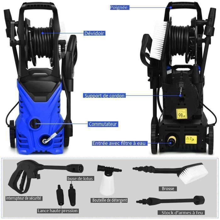 Hidrolimpiadora de alta presión COSTWAY de 140 bares con manguera flexible de 5 m, 300 l/h, boquilla Lotus, boquilla de alta presión y depósito de jabón azul.