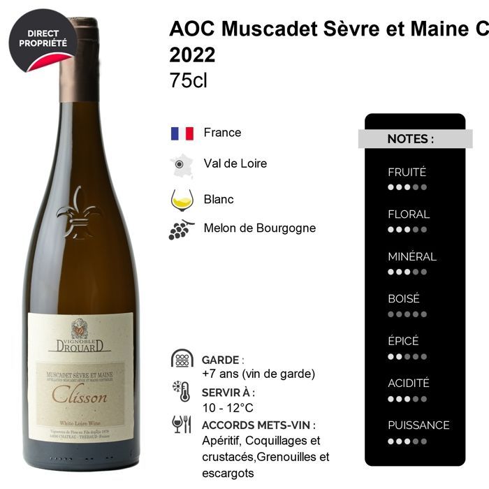 Vignoble Drouard Muscadet Sèvre et Maine Clisson 2022 - Vin Blanc du Val de Loire (3x75cl)