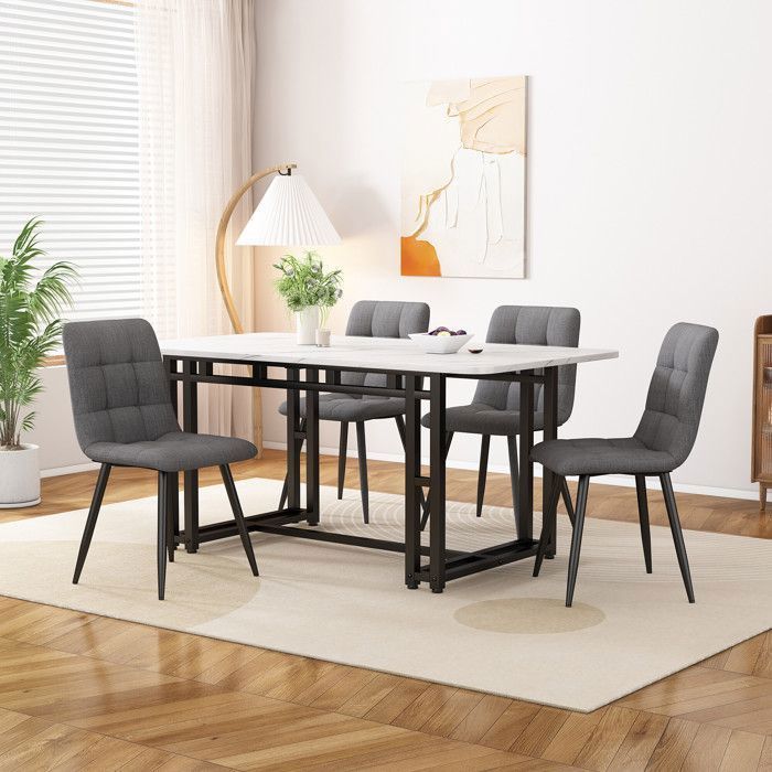 120×70 cm Ensemble Table à Manger avec 4 Chaises - Set Table et Chaise Cuisine Salon Moderne - Chaises de Lin Gris Foncé