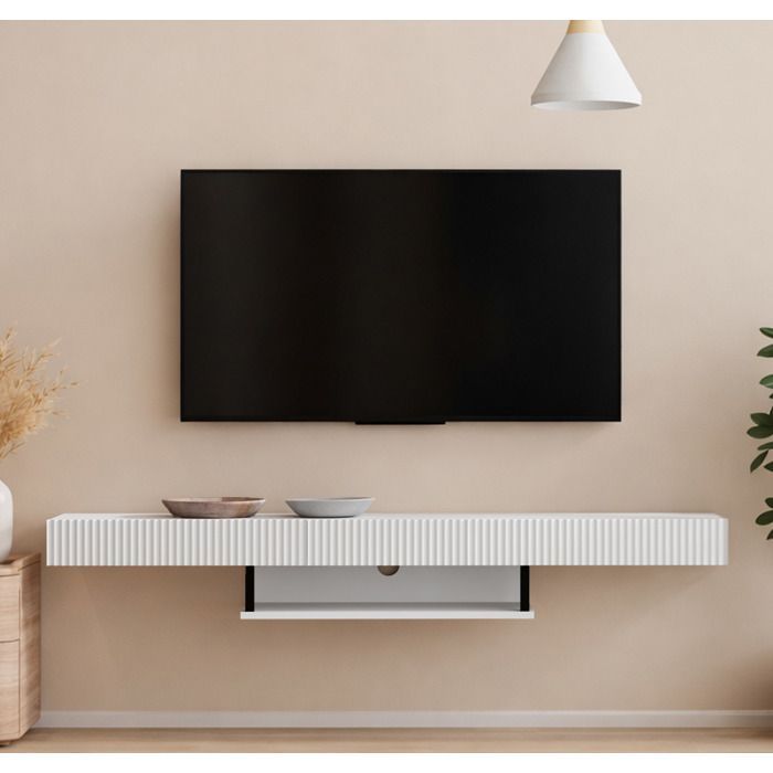 Meuble TV suspendu 1 tiroir | Meuble TV de salon | Modèle Renzo | 150x30x22cm | Couleur Blanc