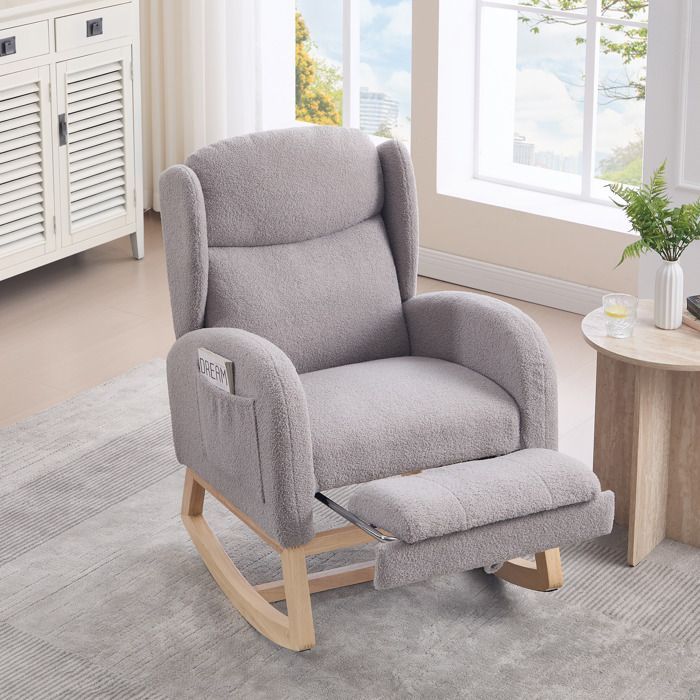 Mecedora moderna, silla de lactancia con reposapiés y estructura de madera, tela Teddy, gris.