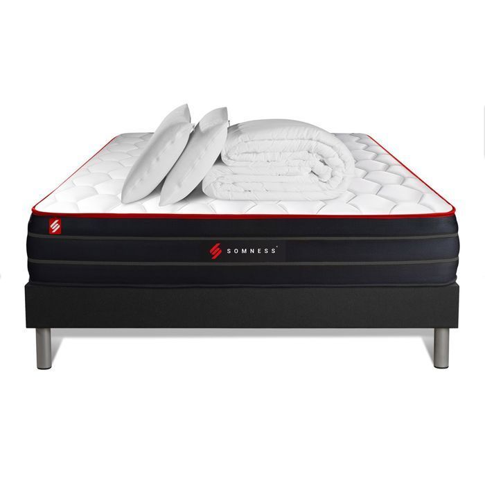 Pack 180x200 matelas BOOST ressorts ensachés et mémoire de forme + sommier kit noir + Couette + 2 oreillers 180 x 200 cm Noir