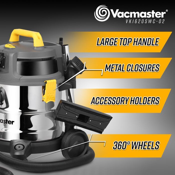 Wet and dry vacuum cleaner 1600W - 20L stainless steel - 27 kPa with integrated power outlet