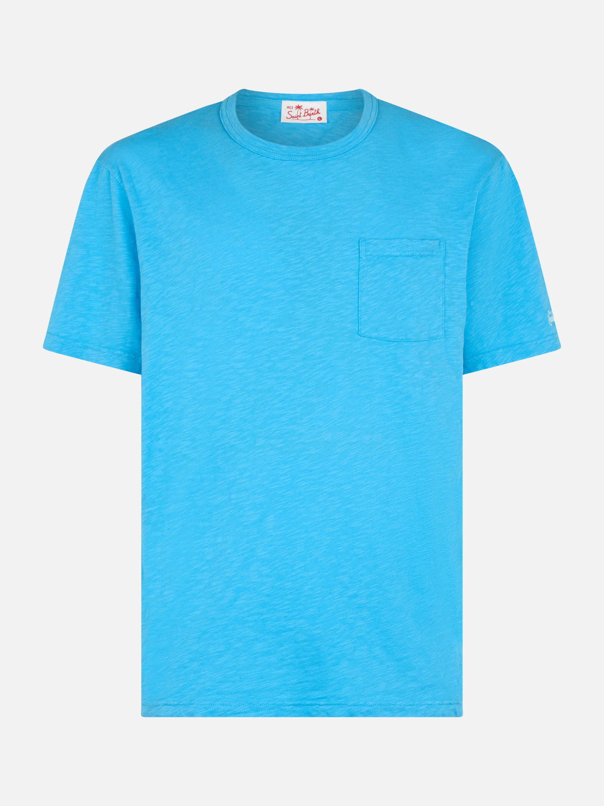 President heren T-shirt van blauw katoen met vlammenmotief en borduurwerk.