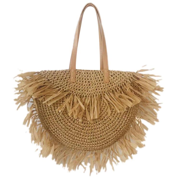 2020 Fashion Trend WOMEN Summer Beach Holiday Shoulder Bag Handmade Woven Straw Handbag Tassel Solid Casual Holiday Tote Purse