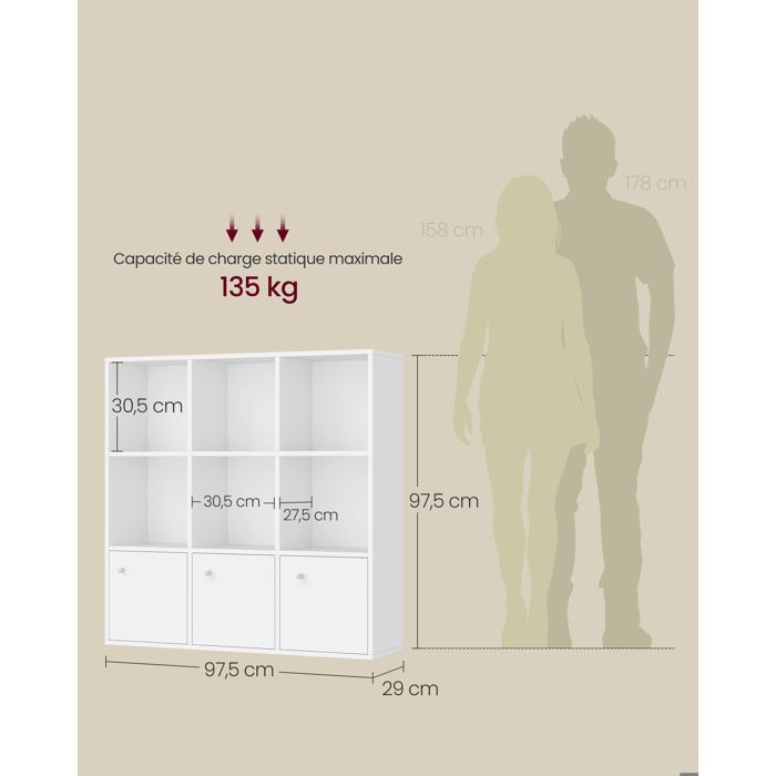 VASAGLE Boekenkast, 3-laags opbergkast met 3 ondervakken, 29 x 97,5 x 97,5 cm, eetkamer, wit