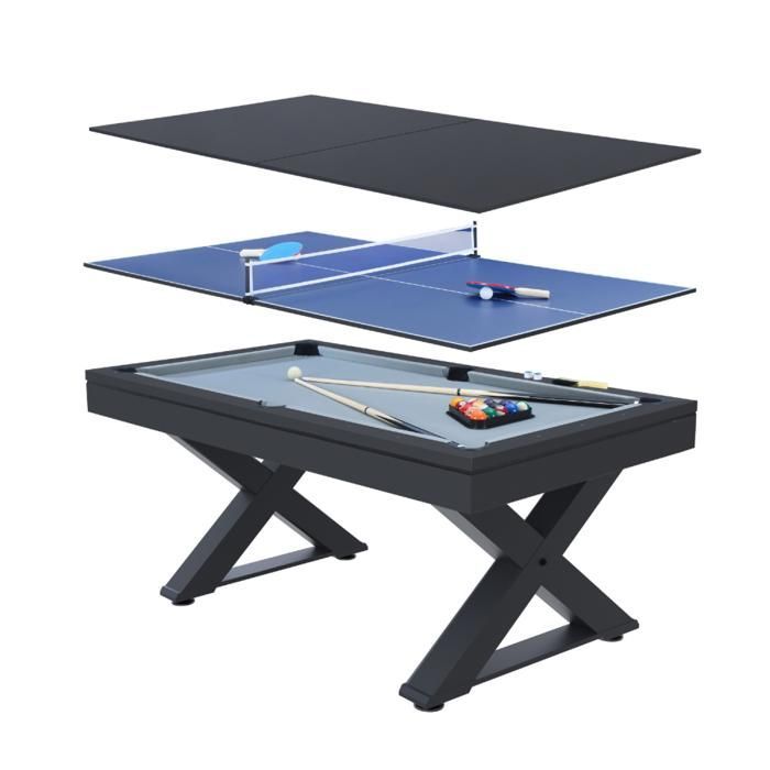 TEXAS - Table multi-jeux 3 en 1 en bois noir ping-pong et billard