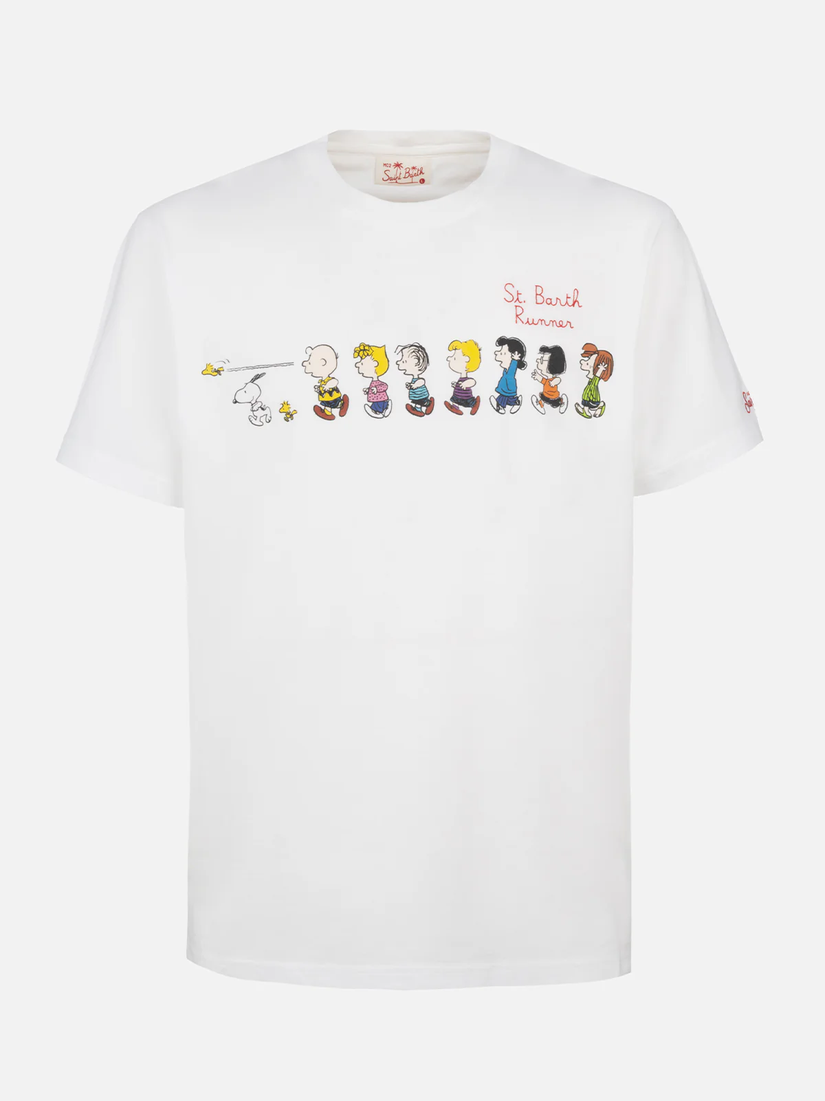 Heren T-shirt van katoen, wit, met Peanuts-print en borduurwerk | SNOOPY PEANUTS™ SPECIALE EDITIE | St. Barth Runners Embroidery | MC2 Saint Barth