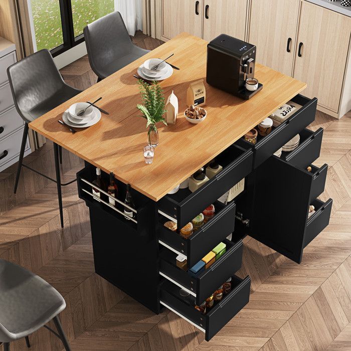 Îlot de cuisine moderne avec espace de rangement, buffet mobile, porte simple avec huit tiroirs, plan de travail rabattable, noir