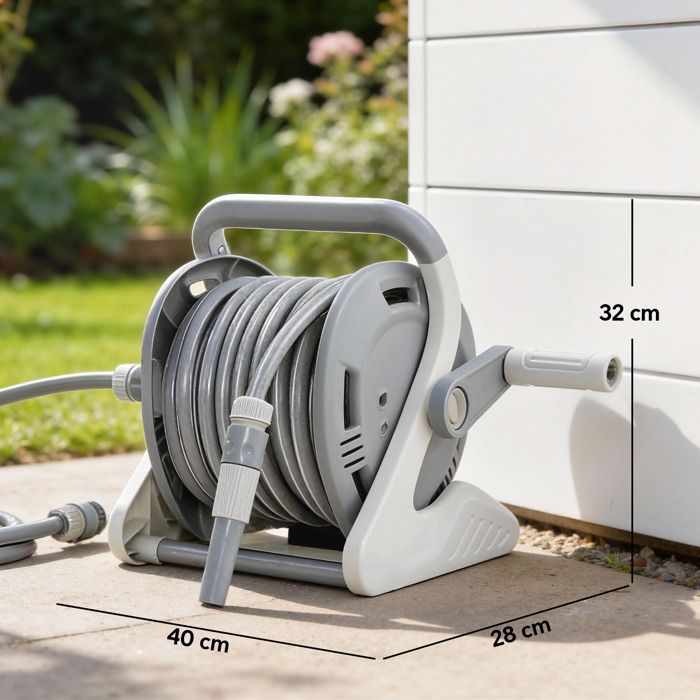 Enrollador de manguera de jardín de pared de 20+2 m x Ø 15 mm, dispensador de manguera de agua portátil, boquilla de 2 modos, gris