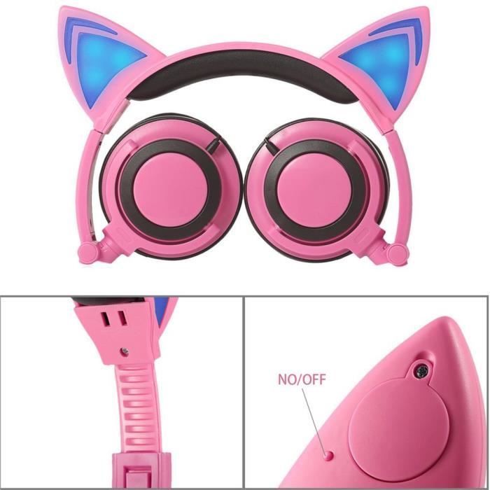 Fones de ouvido infantis - EYOYO - Design dobrável com orelhas de gato - Luzes LED - Rosa + Azul