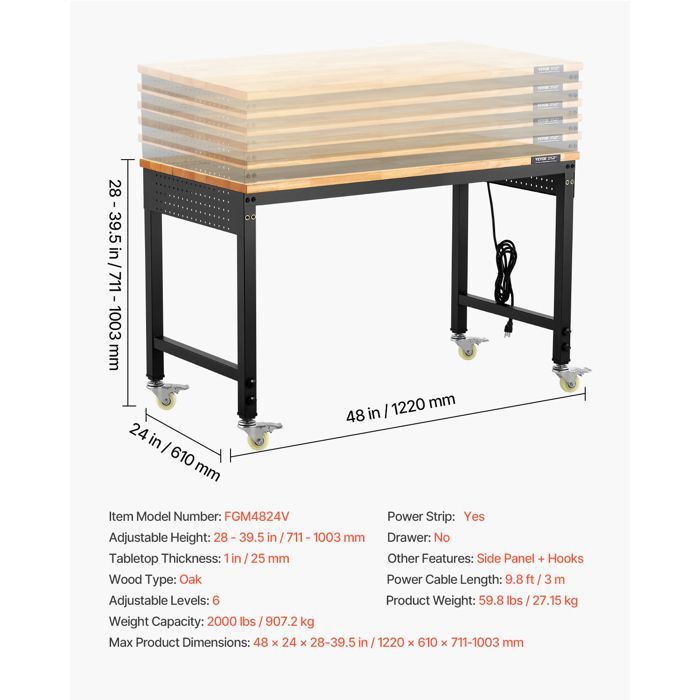 Banco de trabajo VEVOR, taller, garaje, mesa de trabajo rodante regulable en altura - Capacidad de carga de 907,2 kg - con toma de corriente