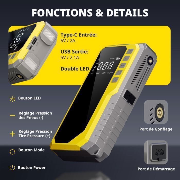 Arrancador portátil de batería para coche de 16800 mAh, 4500 A, 12 V, para gasolina de 10 L y diésel de 9 L, con luz LED y puerto USB-C.