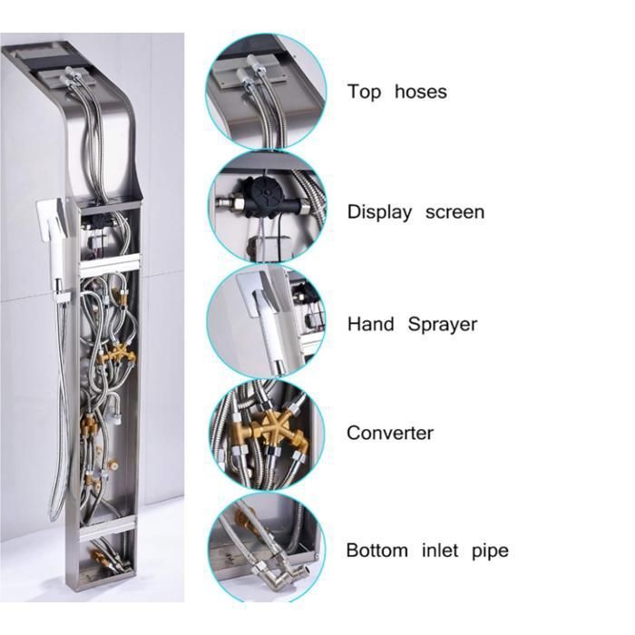 Colonna doccia in acciaio inox spazzolato, display LED della temperatura, 6 getti massaggianti, soffione a pioggia, cascata, doccetta, bidet.