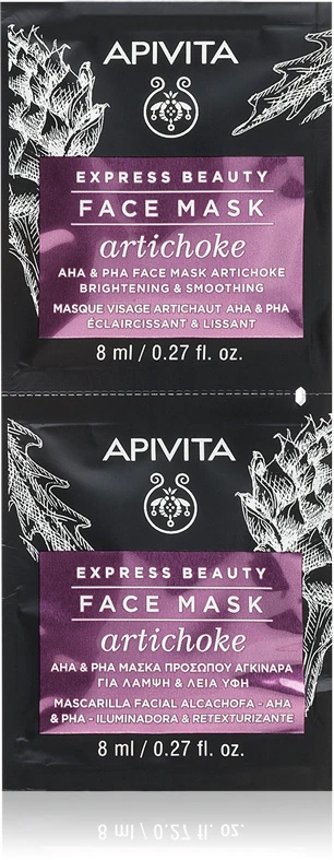 „Apivita Express Beauty Brightening Face Mask“ intensyviai drėkinamoji artišokų kaukė su AHA rūgštimis