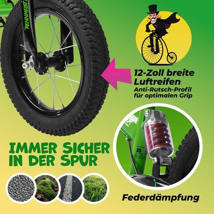 Donkergroene Rennmeister loopfiets voor kinderen, zonder pedalen, met vering, maximaal 50 kg, trommelremmen, schokabsorberende bekleding, zadel.