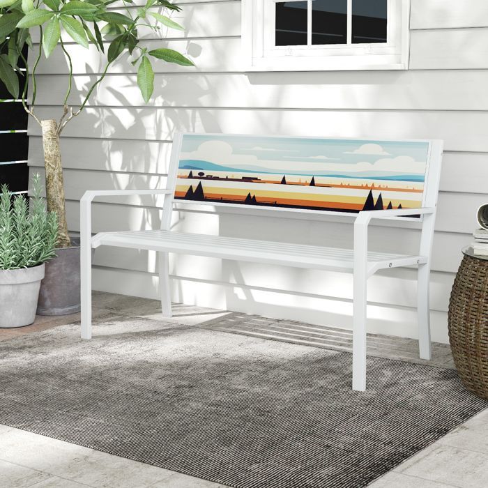 COSTWAY Banc de Jardin Extérieur 2 Places en Métal, Dossier Décoratif, Assise à Lattes, Accoudoirs, pour Patio Véranda Balcon,Blanc