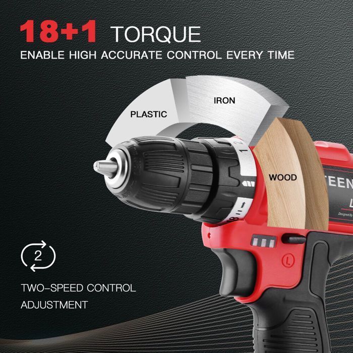 Furadeira/Parafusadeira sem fio TEENO® 21V - 1 bateria + carregador - 2 velocidades - 21 acessórios